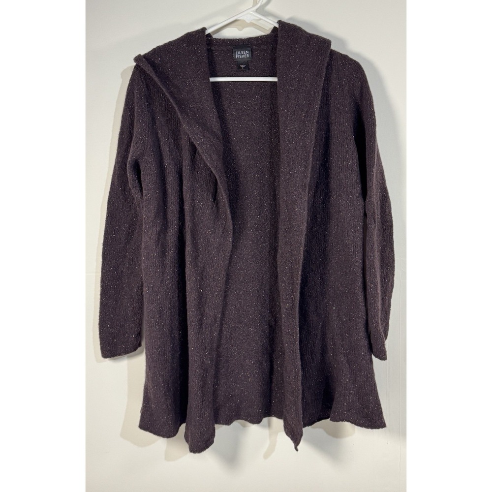 EILEEN FISHER Speckled Cardigan Womens Hooded Wool Silk Blend Open Shrug Small